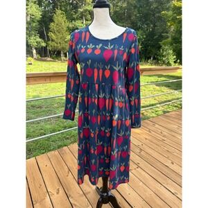 Winter Water Factory Navy Organic Cotton Vegetable Print Dress Small Artsy USA